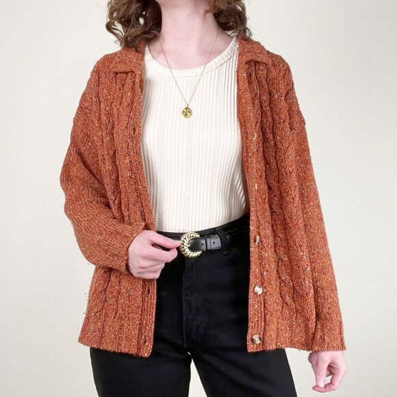 Vintage Cable Knit Wool Blend Cardigan Sweater Oversized Rustic Fall Winter Cozy - Picture 3 of 10